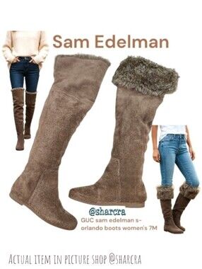 Sam Edelman Women's S- Orlando Tan Leather upper Faux Fur OTK fold Down Boots 7
